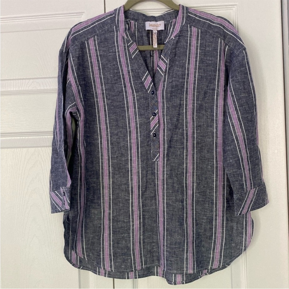 Laundry by Shelli Segal Linen Blend Shirt Top Gray Pink V Neck New size Small